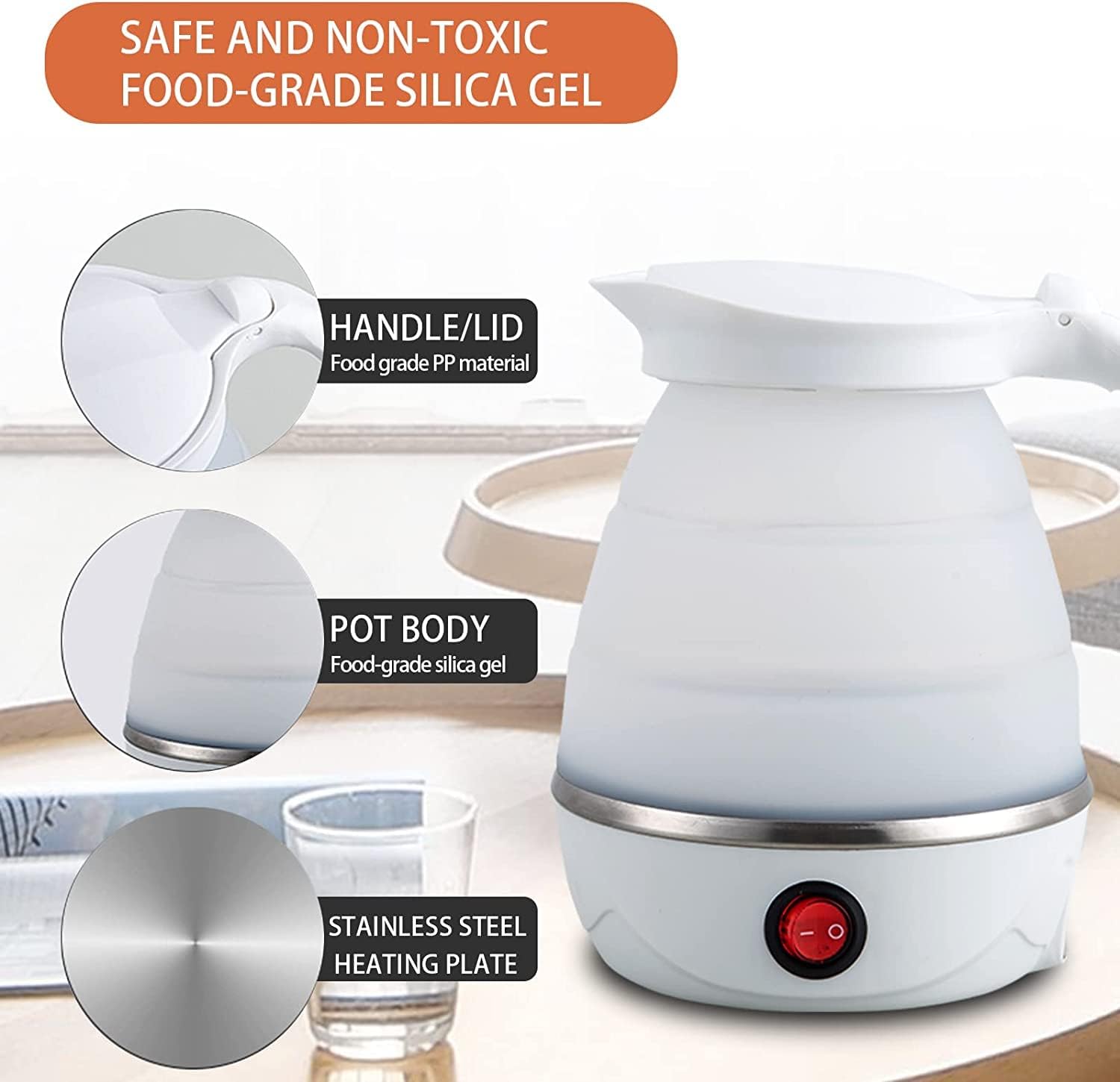 Portable Electric Kettle - Foldable Travel Kettle | Collapsible Silicone Water Boiler | 600ml Lightweight & Compact Hot Water Heater | Food-Grade BPA-Free Kettle with Auto Shut-Off & Stainless Steel Base
