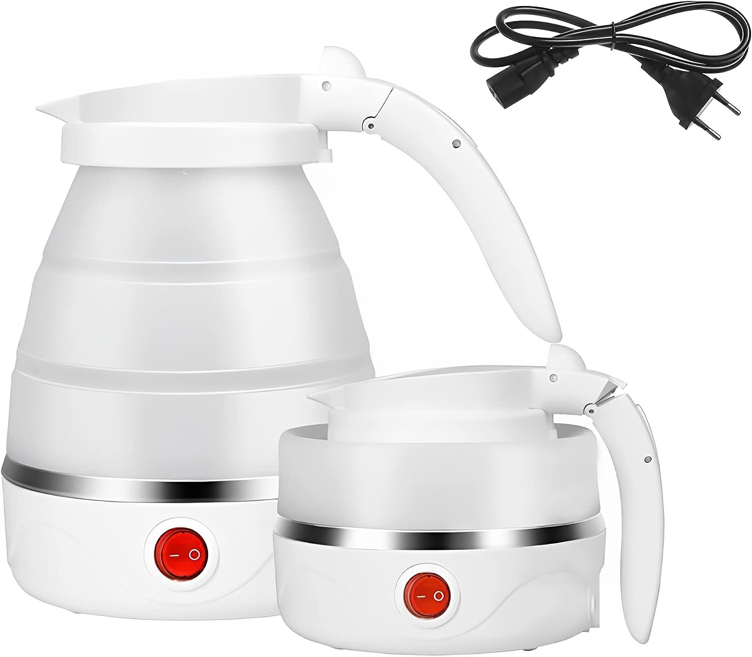 Portable Electric Kettle - Foldable Travel Kettle | Collapsible Silicone Water Boiler | 600ml Lightweight & Compact Hot Water Heater | Food-Grade BPA-Free Kettle with Auto Shut-Off & Stainless Steel Base
