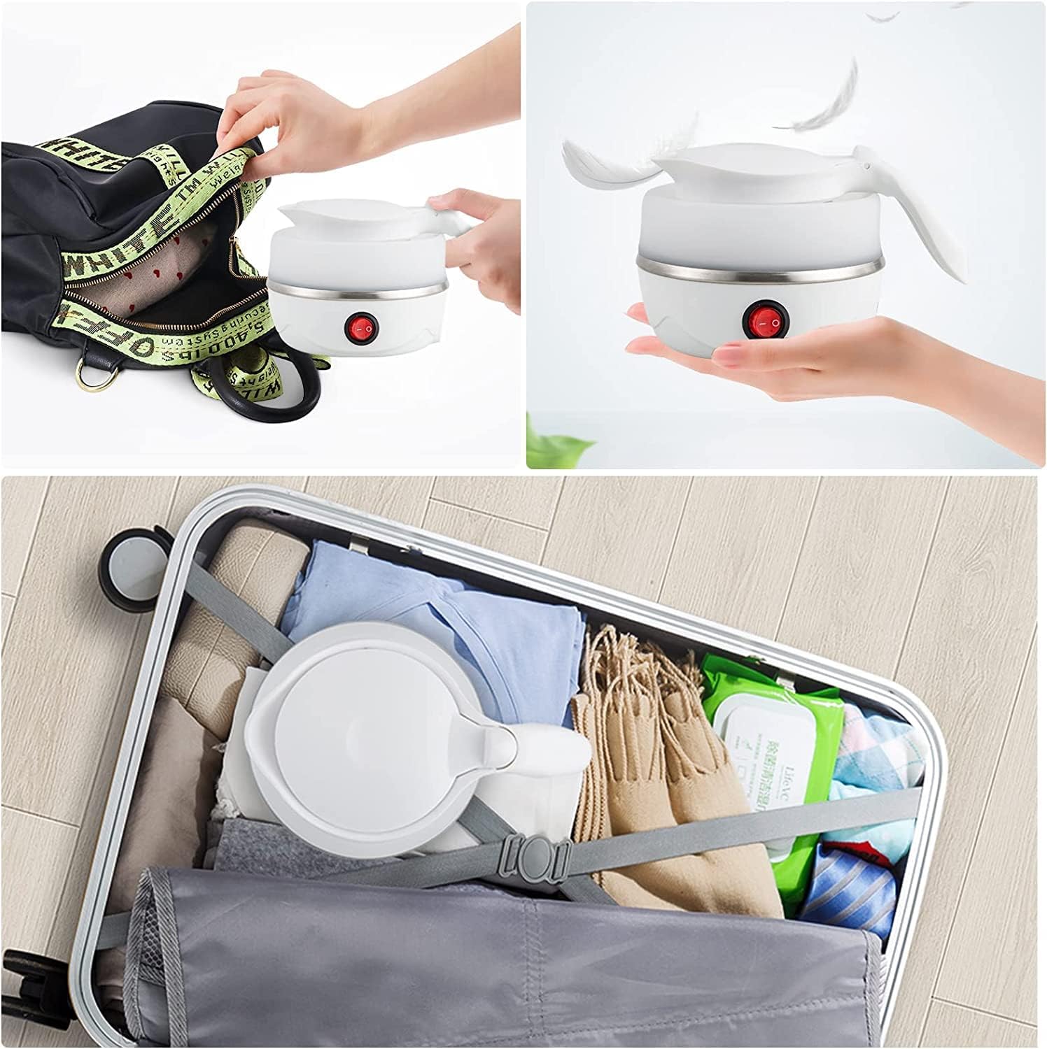Portable Electric Kettle - Foldable Travel Kettle | Collapsible Silicone Water Boiler | 600ml Lightweight & Compact Hot Water Heater | Food-Grade BPA-Free Kettle with Auto Shut-Off & Stainless Steel Base