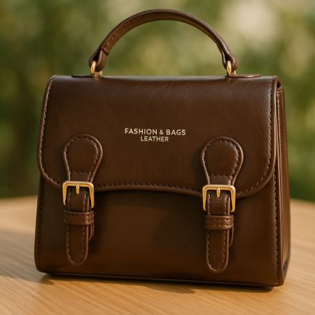 Vintage Leather Handbag – Structured Mini Satchel with Buckle Straps | Top Handle & Crossbody Design in Black or Brown