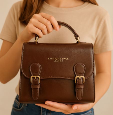 Vintage Leather Handbag – Structured Mini Satchel with Buckle Straps | Top Handle & Crossbody Design in Black or Brown