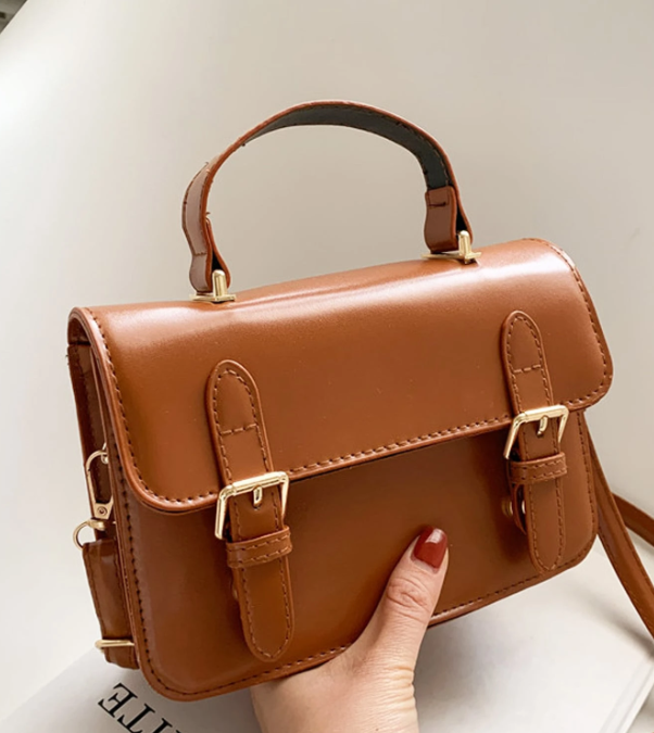 Vintage Leather Handbag – Structured Mini Satchel with Buckle Straps | Top Handle & Crossbody Design in Black or Brown