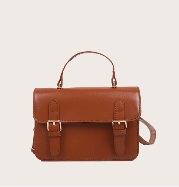 Vintage Leather Handbag – Structured Mini Satchel with Buckle Straps | Top Handle & Crossbody Design in Black or Brown