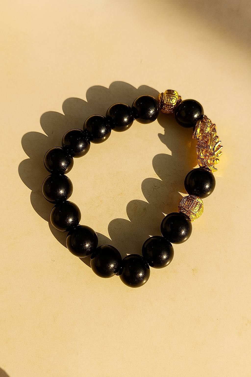 Black Obsidian Pixiu Bracelet – Wealth & Protection Feng Shui Jewelry | Gold-Tone Lucky Charm with Natural Beads for Men & Women