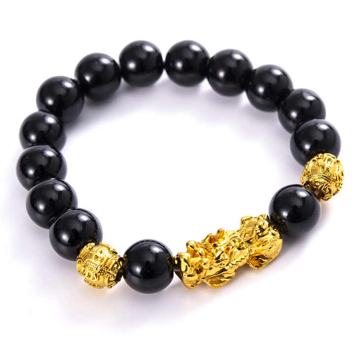 Black Obsidian Pixiu Bracelet – Wealth & Protection Feng Shui Jewelry | Gold-Tone Lucky Charm with Natural Beads for Men & Women