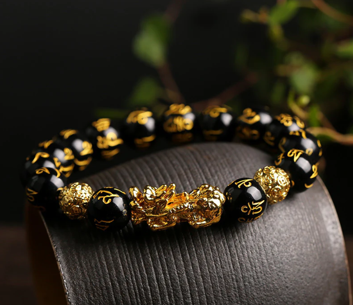 Black Obsidian Pixiu Bracelet – Wealth & Protection Feng Shui Jewelry | Gold-Tone Lucky Charm with Natural Beads for Men & Women