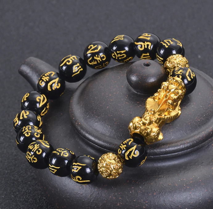 Black Obsidian Pixiu Bracelet – Wealth & Protection Feng Shui Jewelry | Gold-Tone Lucky Charm with Natural Beads for Men & Women